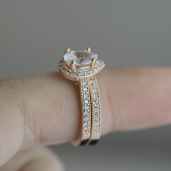 "Elegant Beautiful Pear Micro Pave Water Drop Rose Gold Ring Set Women, VIP393 - Picture 4 of 4